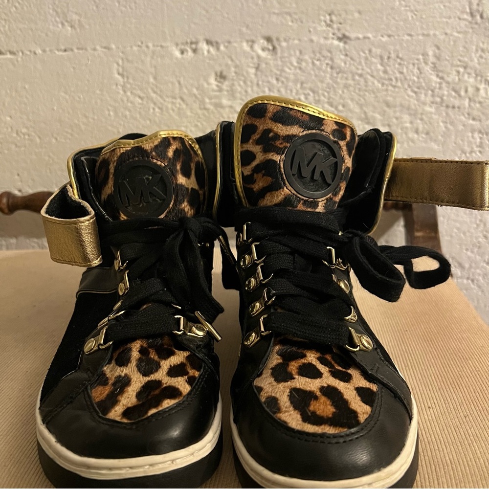 Michael Kors 7 LEOPARD AND BLACK LEATHER HIGH TOP SNEAKERS - Picture 3 of 6
